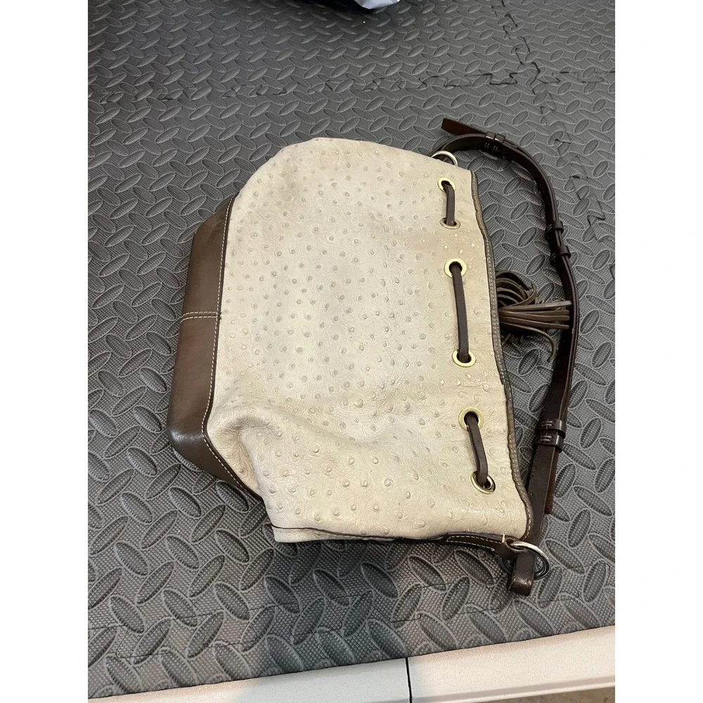 Dooney & Bourke Bucket Bag Womens Medium Cream Brown Ostrich Embossed Tassel